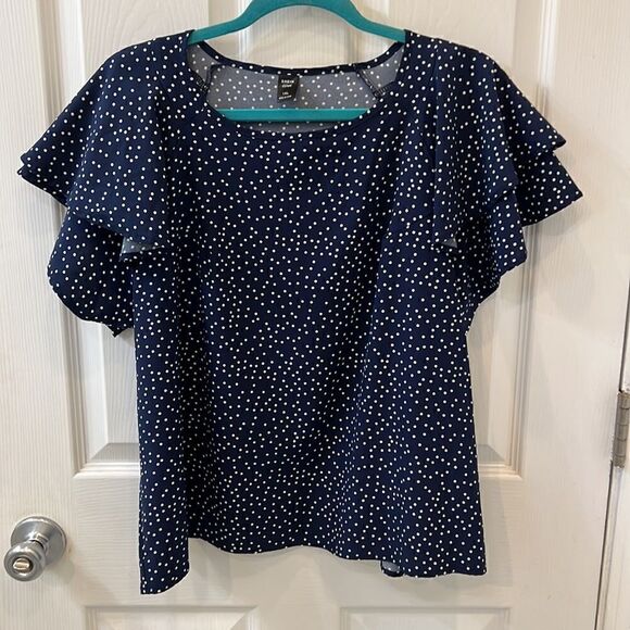 Navy flutter sleeve woven top with white polka dots (gold one sold) - Picture 11 of 14